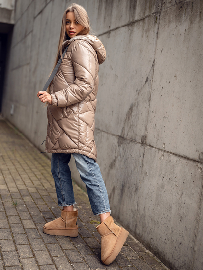 Femme Blouson d'hiver matelassée à capuche long Camel Bolf 5M3189