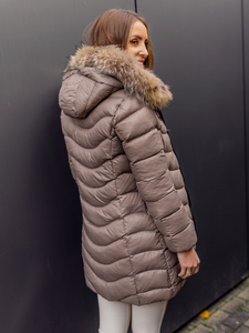 Blouson matelassé long manteau d'hiver avec fourrure naturelle pour femme marron Bolf M688