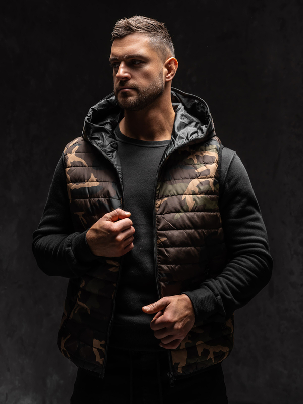Homme Gilet camo matelassé à capuche Khaki Bolf 7106A1
