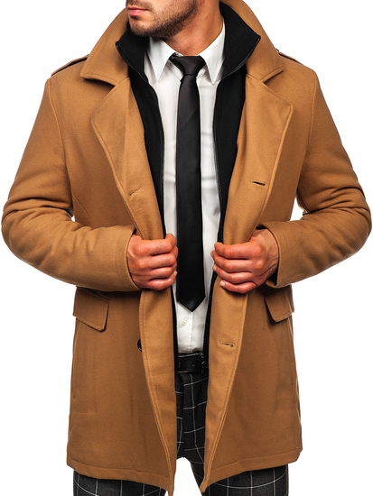 Manteau d'hiver à double boutonnage pour homme camel vec col montant supplémentaire amovible Bolf 8805