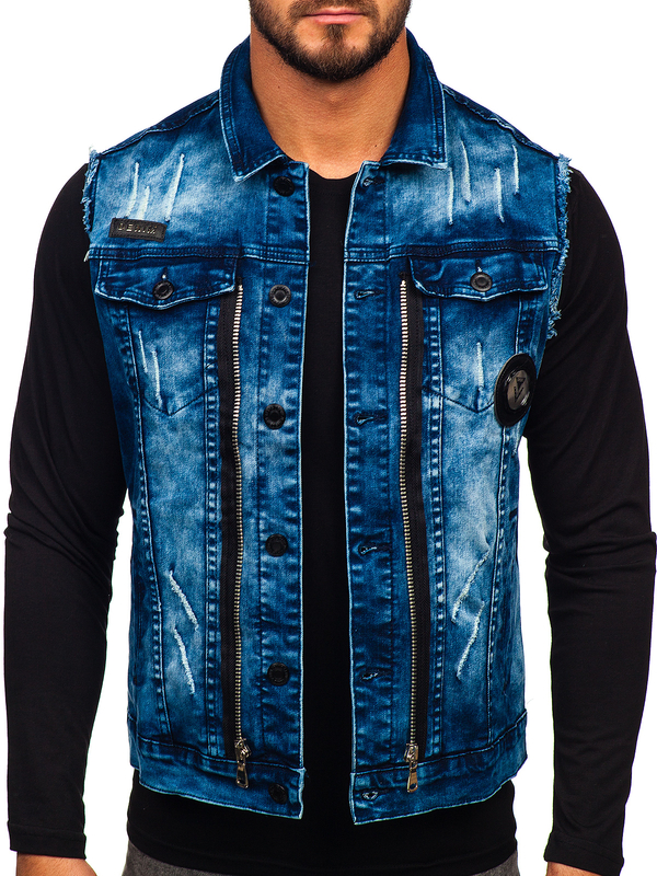 Gilet en jean pour homme bleu foncé Bolf G115