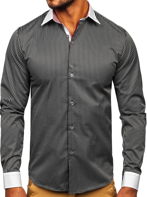 Chemise élégante en rayures à manche longue pour homme noire Bolf 4785