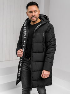 Homme Blouson d'hiver longue matelassée à capuche Noir Bolf 22M329