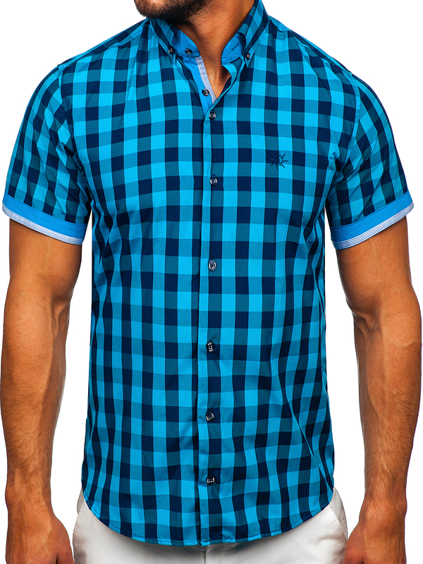 Chemise à manches courtes noire-bleue à carreaux pour homme Bolf 4508