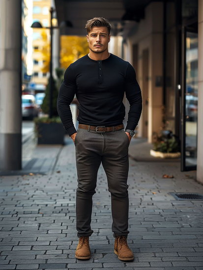 Homme Tee-shirt manche longue boutonné Noir Bolf 1114A2