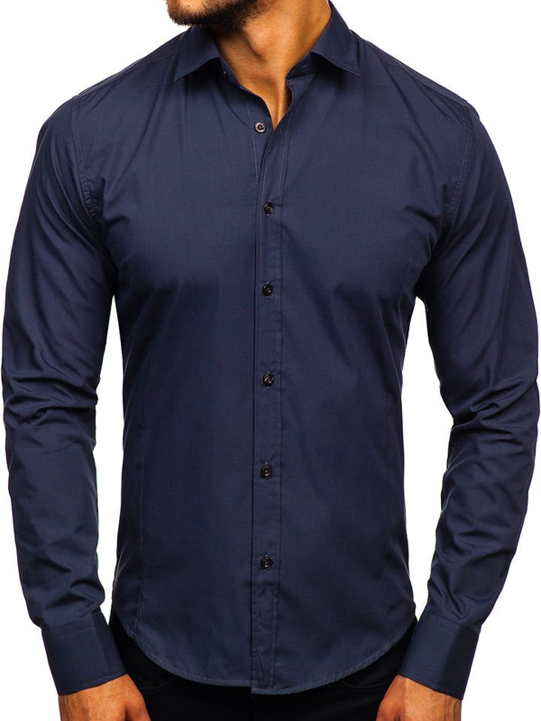 Chemise élégante bleu marine à manches longues pour homme Bolf 1703
