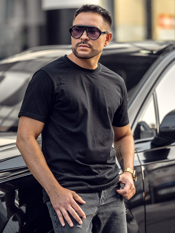 T-shirt noir uni en coton pour homme Bolf 14291A