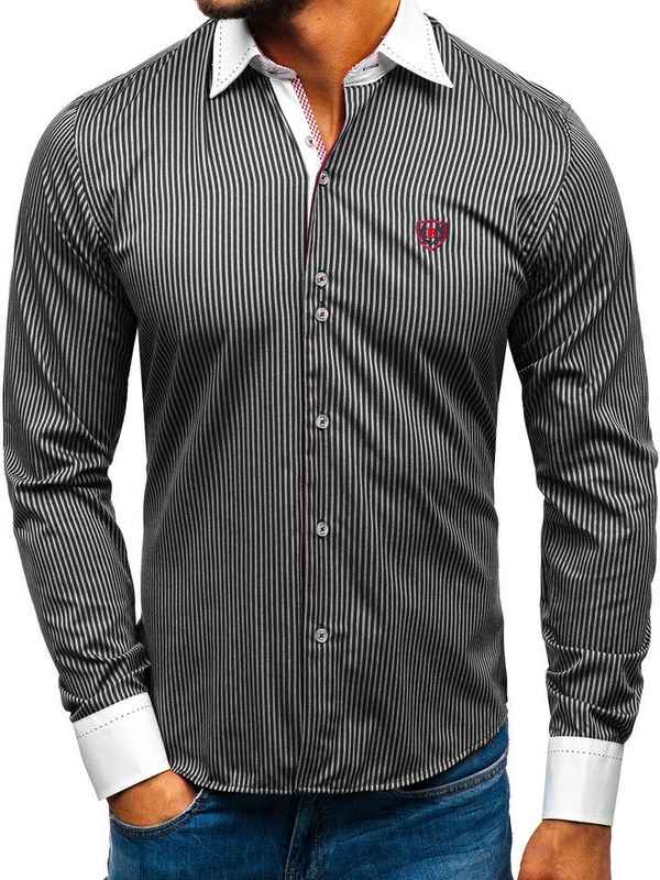 La chemise élégante en rayures avec les manches longues pour homme noire Bolf 4784-A