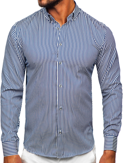 Chemise en rayures à manche longue pour homme bleue foncée Bolf 22731