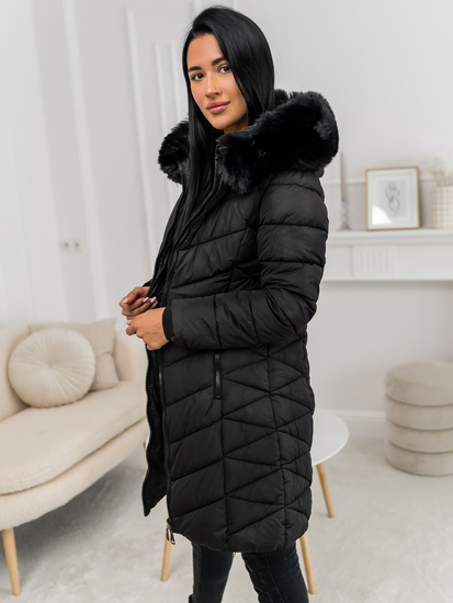 Femme Blouson d'hiver longue matelassée à capuche Noir Bolf 16M9195