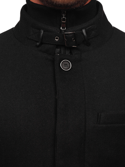 Manteau d'hiver à une rangée avec un col montant supplémentaire amovible pour homme noir Bolf 8802