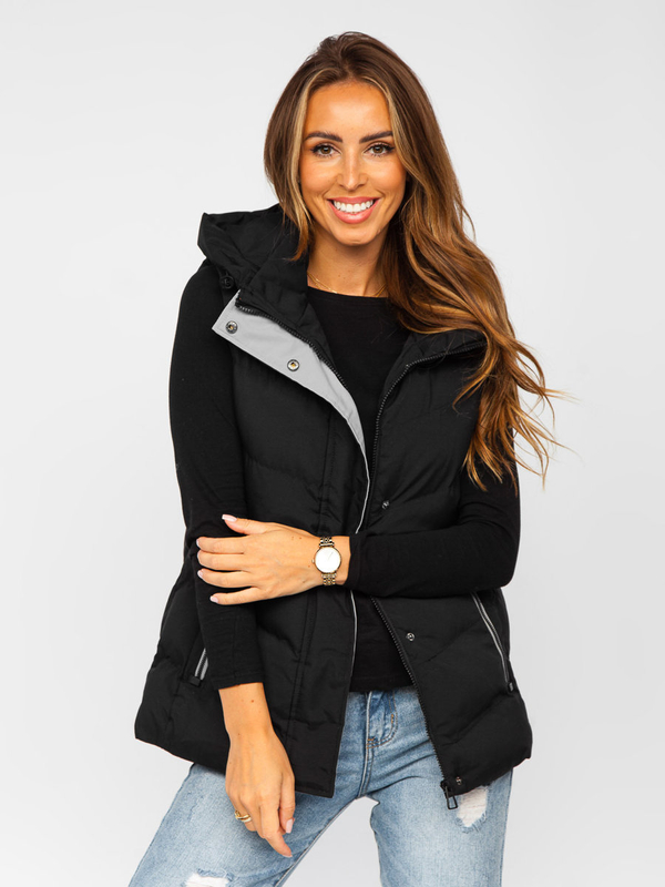 Gilet long matelassé à capuche pour femme noir Bolf 7051