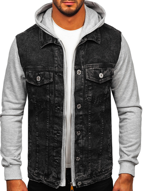 Homme Blouson en jean à capuche Noir Bolf HY1017