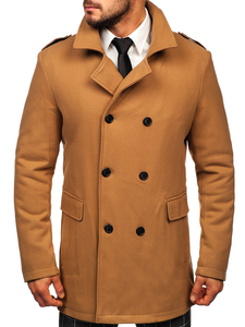 Manteau d'hiver à double boutonnage pour homme camel vec col montant supplémentaire amovible Bolf 8805