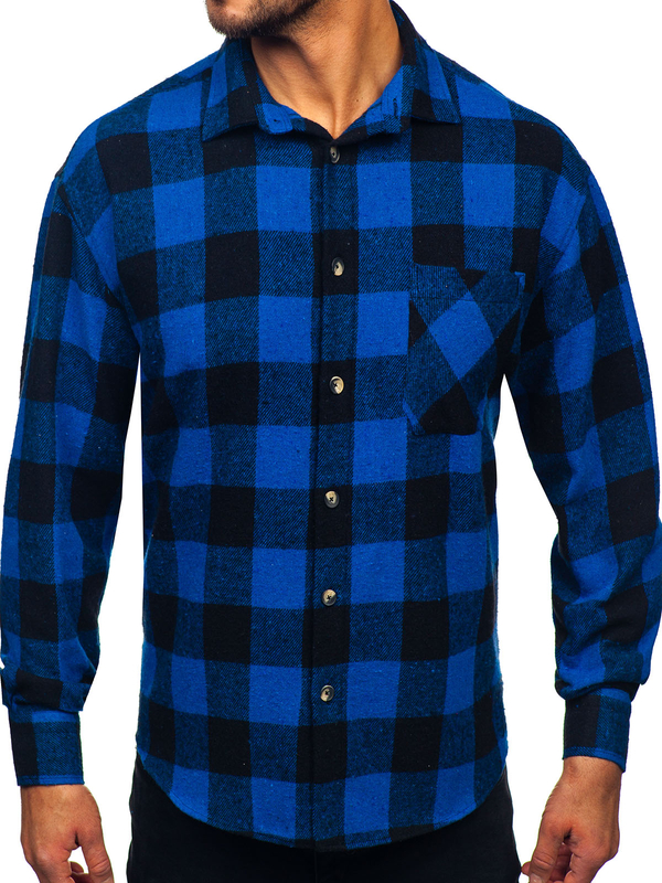 Homme Chemise en flanelle à carreaux et manches longues Bleu foncé Bolf 2025-1