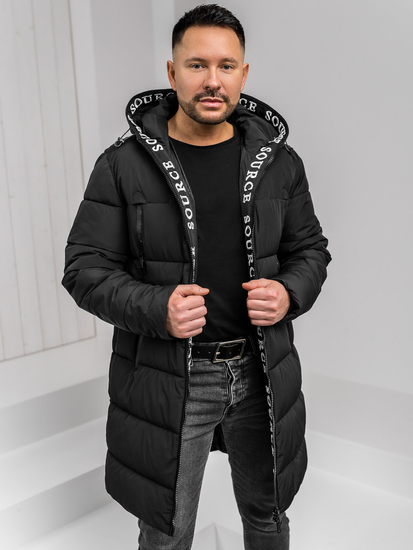 Homme Blouson d'hiver longue matelassée à capuche Noir Bolf 22M329