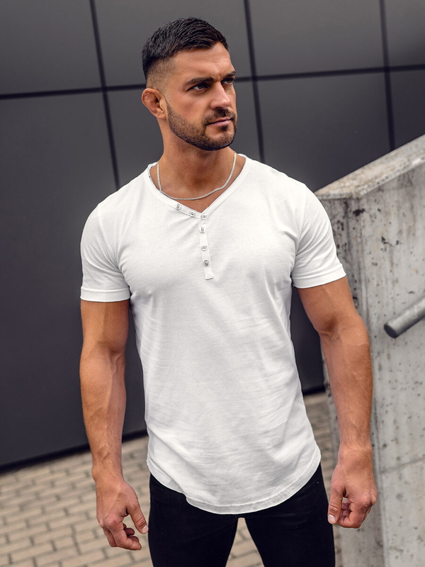 T-shirt blanc uni en coton à col en V pour homme Bolf 4049A