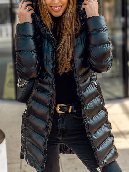 Blouson d'hiver long matelassé à capuche pour femme noir Bolf 7076