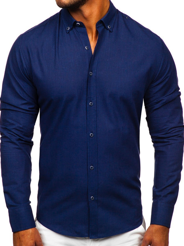 Chemise à manches longues en coton pour homme bleue foncée Bolf 20701