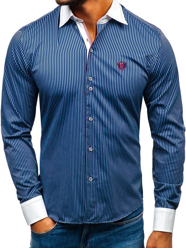 La chemise élégante en rayures avec les manches longues pour homme bleue foncée Bolf 4784-A