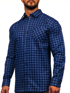 Homme Chemise de flanelle à manches longues à carreaux Bleu foncé-Blanc Bolf F4
