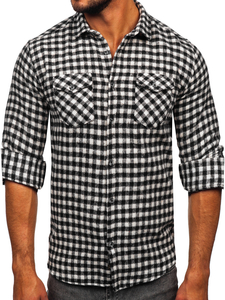 Chemise en flanelle à carreaux à manche longue pour homme noire-blanche Bolf 22701