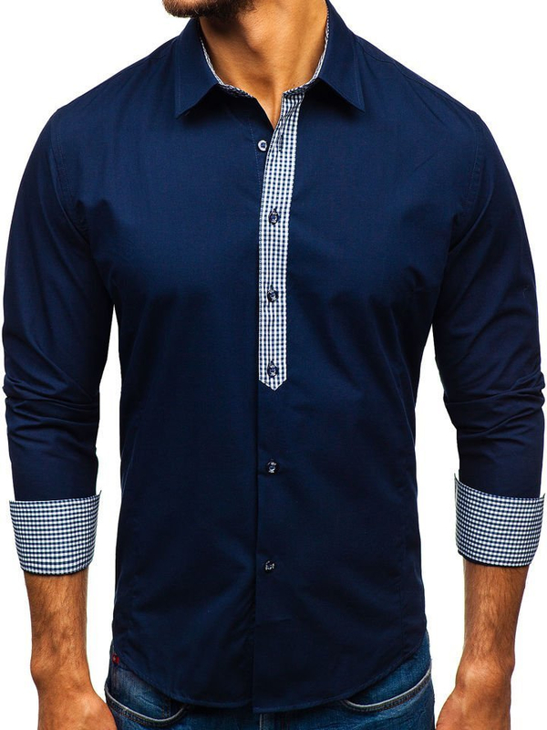 La chemise élégante avec les manches longues pour homme bleue foncée Bolf 0939