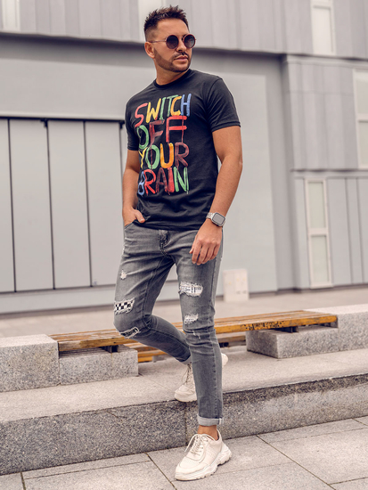 T-shirt homme noir avec imprimé Bolf 1181A