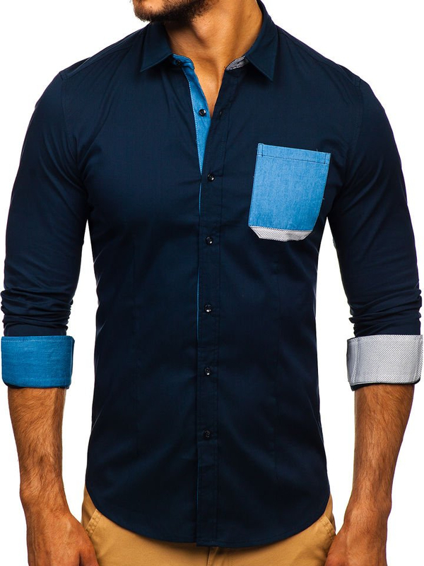 La chemise élégante avec les manches longues pour homme bleue foncée Bolf 7192