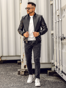 Homme Blouson bomber en cuir Noir Bolf 11Z8105