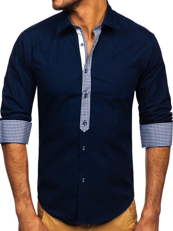 Chemise élégante à manche longue pour homme bleue foncée Bolf 6873