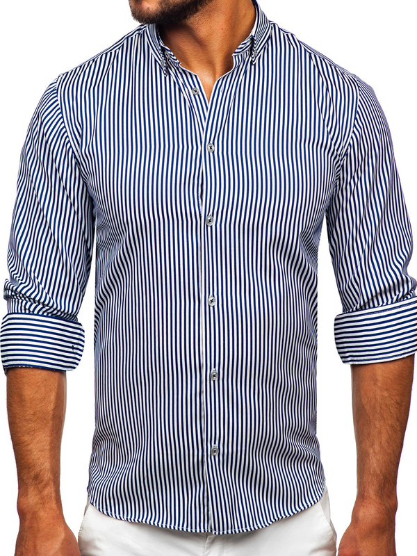Chemise en rayures à manche longue pour homme bleue foncée Bolf 22731