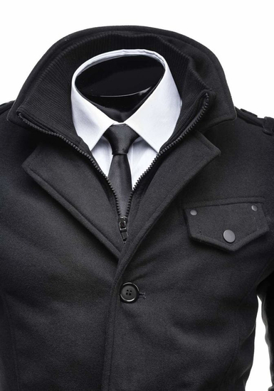 Manteau à boutonnage simple pour homme avec un col haut noir Bolf 8853C