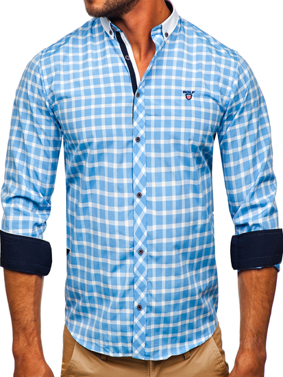 Chemise élégante à manche longue à carreaux pour homme bleue claire Bolf 5737-1