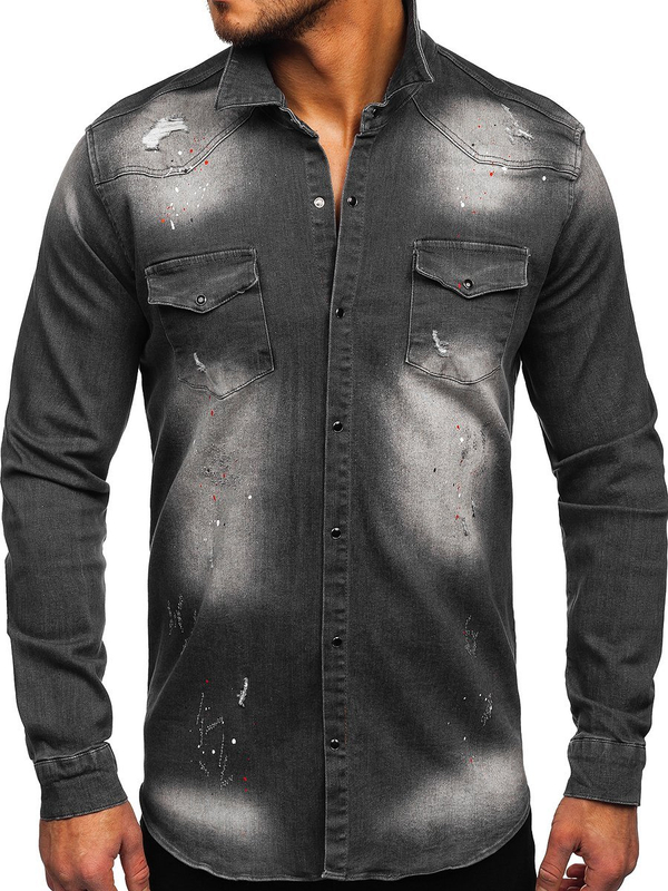 Chemise pour homme graphite en jean à manches longues Bolf R710