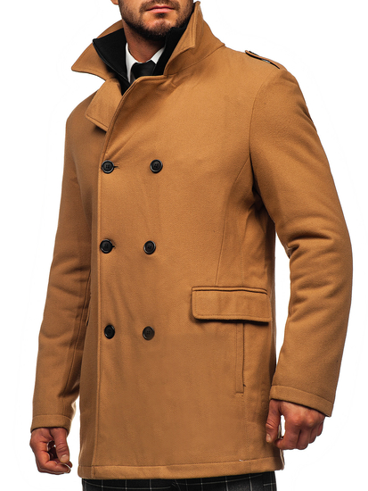 Manteau d'hiver à double boutonnage pour homme camel vec col montant supplémentaire amovible Bolf 8805