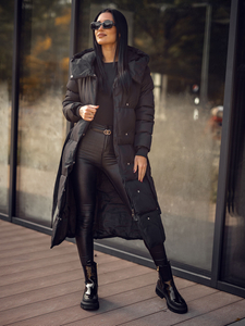 Femme Blouson d'hiver longue matelassée à capuche Noir Bolf 5M3227