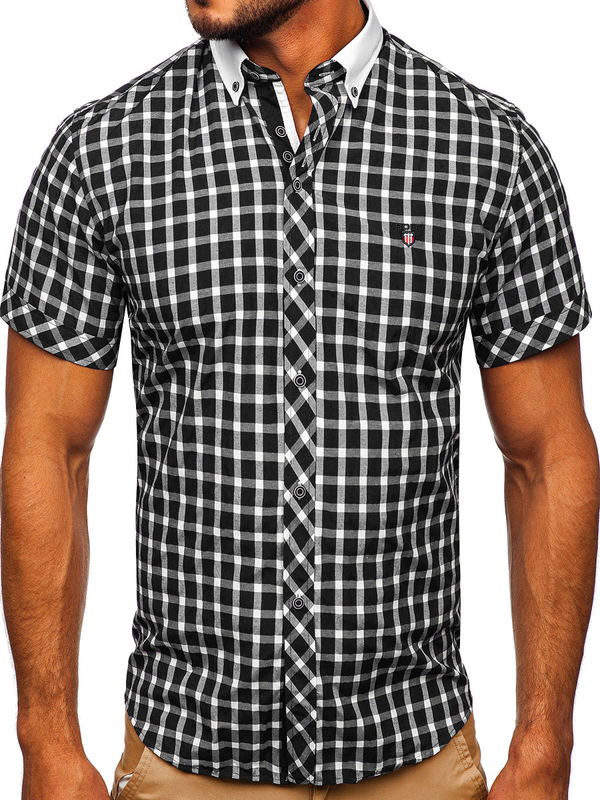 La chemise élégante à carreaux avec les manches courtes pour homme noire Bolf 5531