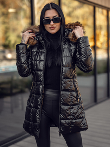 Femme Blouson d'hiver longue matelassée à capuche Noir-Marron Bolf 16M9120