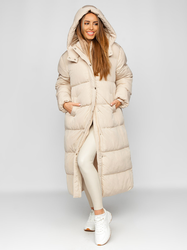 Blouson d'hiver long matelassé manteau à capuche pour femme beige Bolf R6702