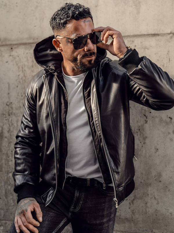 Blouson bomber en cuir pour homme noir Bolf 11Z8004