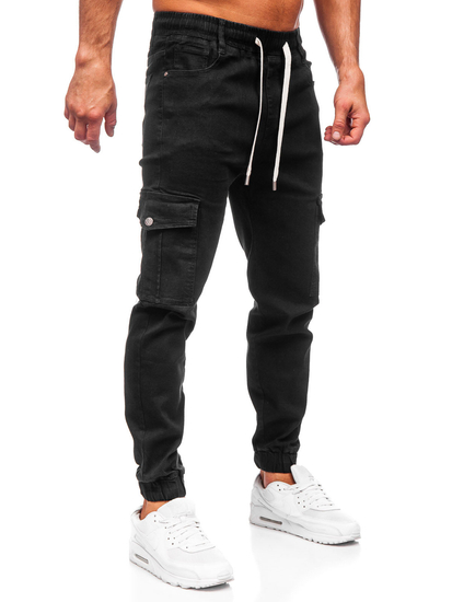 Homme Pantalon de jogging en jean cargo Noir Bolf 8110