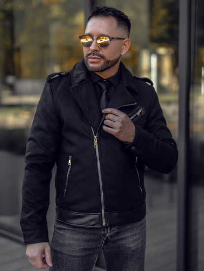 Homme Veste de motard d'hiver en cuir Noir Bolf 79M15501A