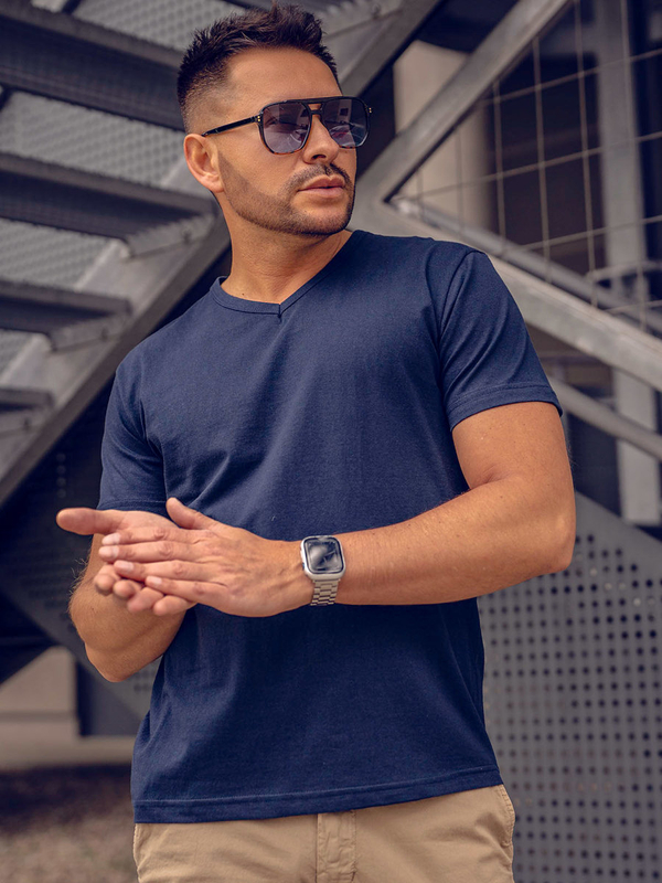 T-shirt uni bleu marine à col en V pour homme Bolf 192131A