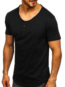 T-shirt noir uni en coton à col en V pour homme Bolf 4049