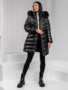 Femme Blouson d'hiver longue matelassée à capuche Noir Bolf 5M3162A1