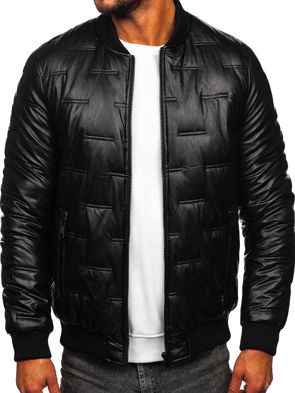 Homme Blouson d'hiver en cuir bomber matelassée Noir Bolf 11Z8099