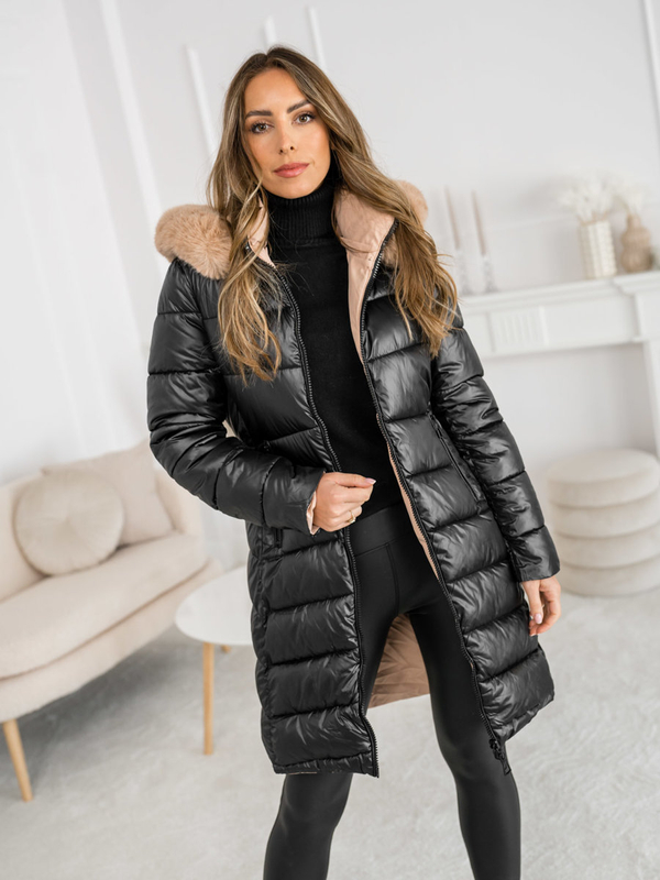 Femme Blouson d'hiver réversible long à capuche Noir Bolf B8202