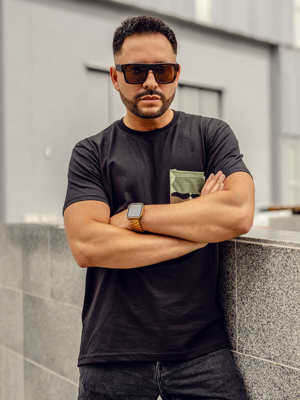 Homme T-shirt camouflage imprimé en coton avec poche Noir Bolf 14507A