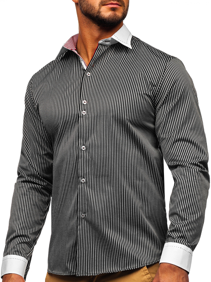 Chemise élégante en rayures à manche longue pour homme noire Bolf 4785